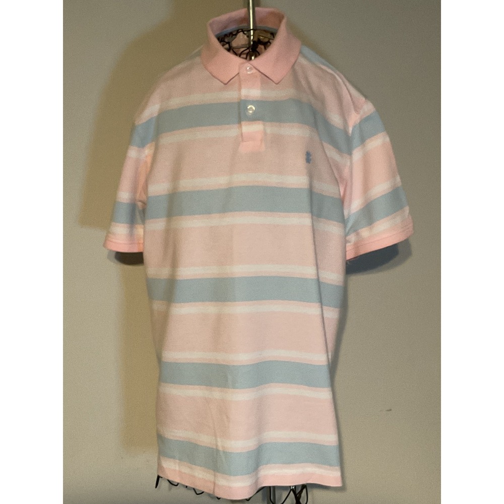 IZOD Advantage Performance Polo Shirt Mens‎ Large Pink Blue Striped Short Sleeve